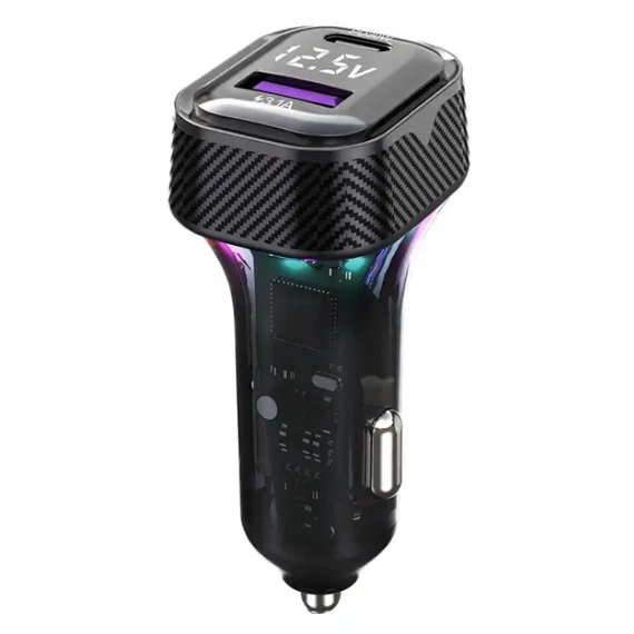 Szivargyújtós gyorstöltő 45W - PD USB-C - USB-A - voltmérő - RGB