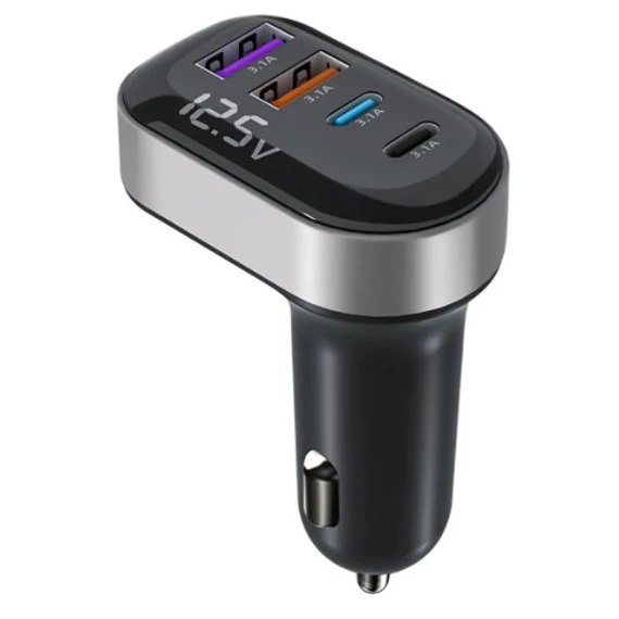 Szivargyújtós autós töltő - 4 portos - 2x USB 2x Type-C - 12-24V - voltmérő