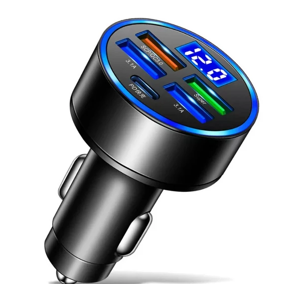 Gyorstöltő autós USB - Type-C - digitális feszültségmérő - 12-24V