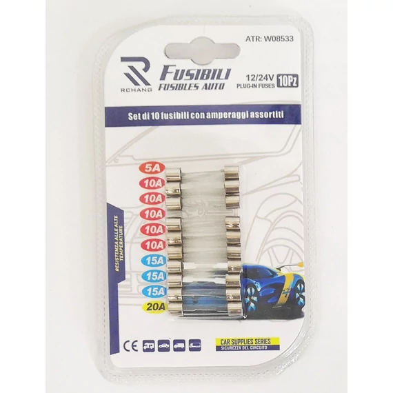 Autós üvegbiztosíték készlet – nagy méret – 10 db – 12–24V