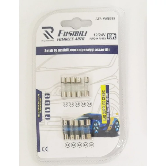 Autós üvegbiztosíték készlet – 20 mm – 10 db – 12–24V