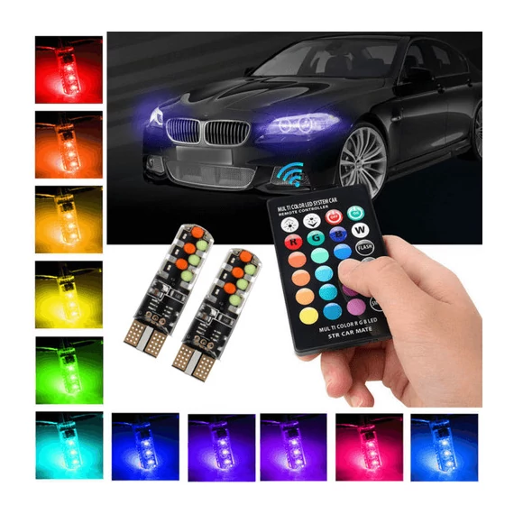 T10 RGB LED izzó szett távirányítóval – 12V – 2 db