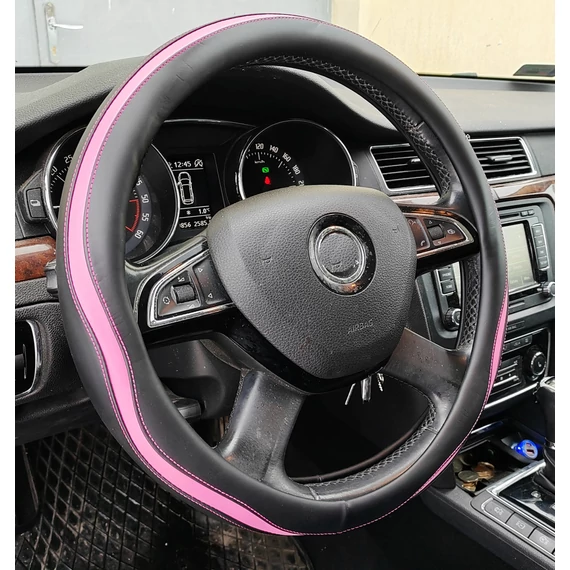 Műbőr kormányvédő - 38cm - fekete-pink - szintetikus