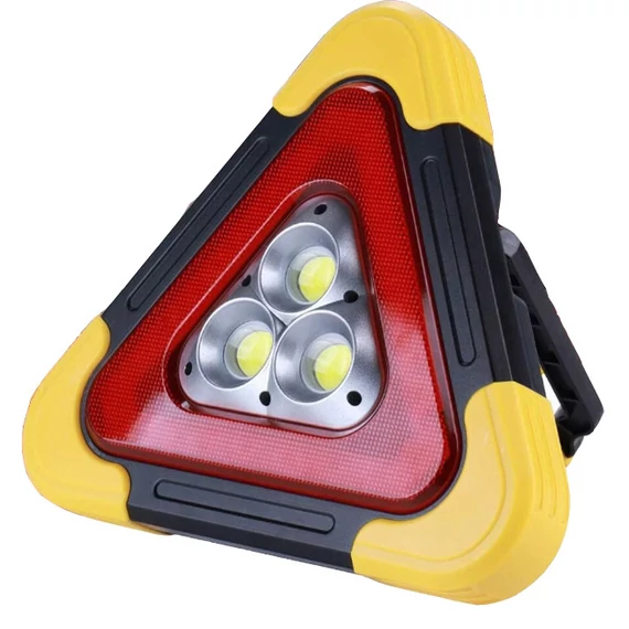 Figyelmeztető háromszög LED lámpa – többfunkciós, napelemes vészjelző, powerbank 24x27cm