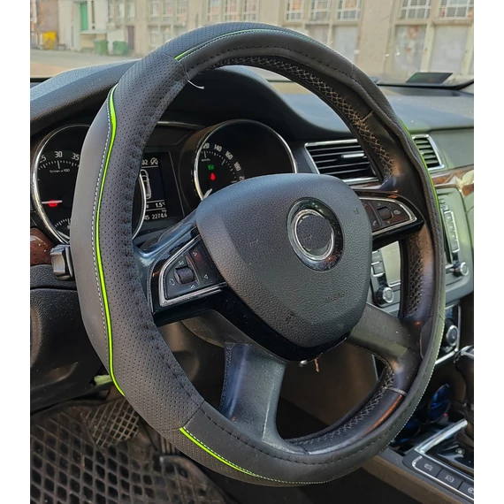 Műbőr kormányvédő - 38cm - fekete-zöld - szintetikus