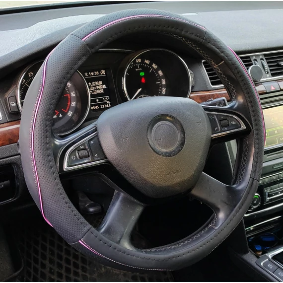 Műbőr kormányvédő - 38cm - fekete-pink - szintetikus