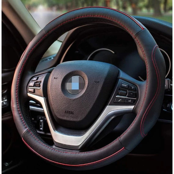 Valódi bőr kormányvédő 38 cm fekete-piros