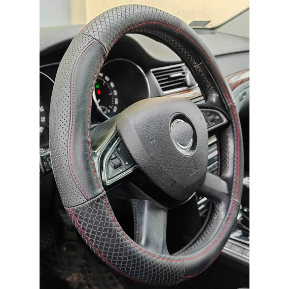 Valódi bőr kormányvédő - fekete-piros - 38 cm