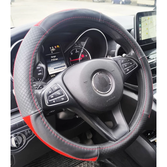 Valódi bőr kormányvédő - fekete-piros - 38 cm