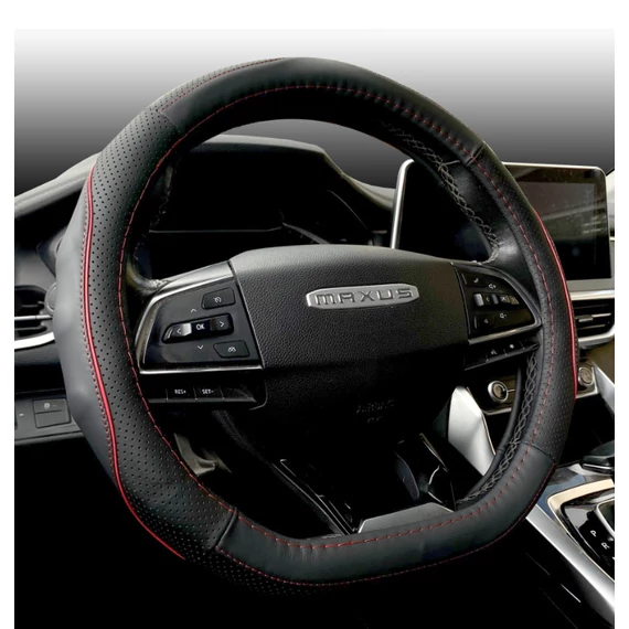 Autós kormányvédő - D forma - 38 cm - fekete bőr - piros betéttel