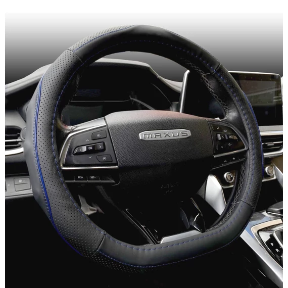 Autós kormányvédő - D forma - 38 cm - fekete bőr - kék betéttel