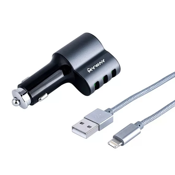 MYWAY szivargyújtó töltő USB-vel és Lightning kábellel 12/24V