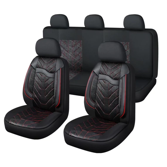 11 részes univerzális műbőr + szövet autó üléshuzat szett – légzsák kompatibilis – fekete/piros