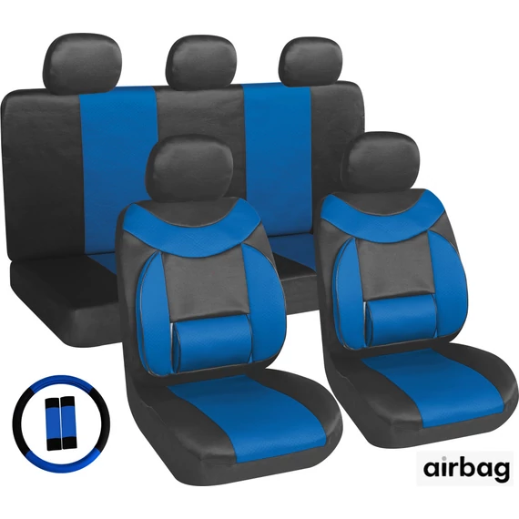 Univerzális autó üléshuzat szett – 11 részes – deréktámasszal – légzsák kompatibilis – fekete/kék