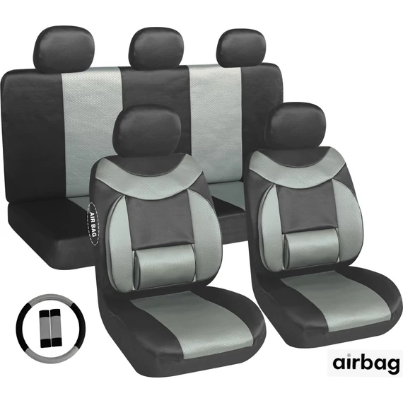 Univerzális autó üléshuzat szett – 11 részes – deréktámasszal – légzsák kompatibilis – fekete/szürke