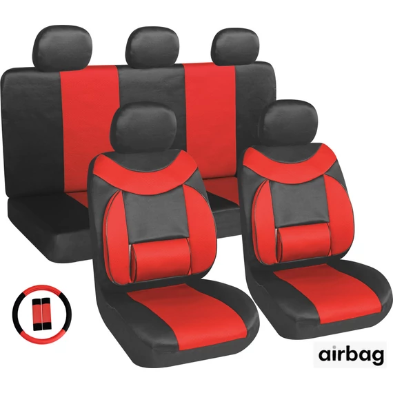 Univerzális autó üléshuzat szett – 11 részes – deréktámasszal – légzsák kompatibilis – piros/fekete